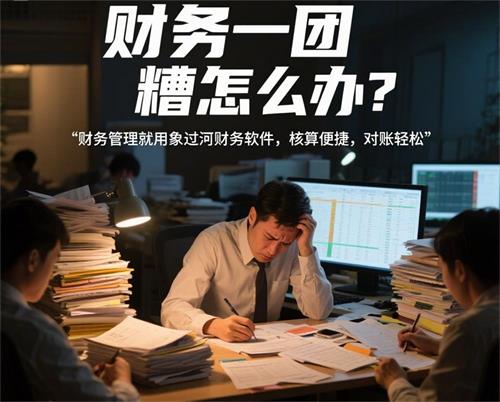 財務人員加班算賬，熬夜壓力大，賬本堆滿桌子，主標題用藝術大字體寫“財務一團糟怎么辦？”，副標題用清晰字體寫“財務管理就用象過河財務軟件，核算便捷，對賬輕松”_看圖王.jpeg